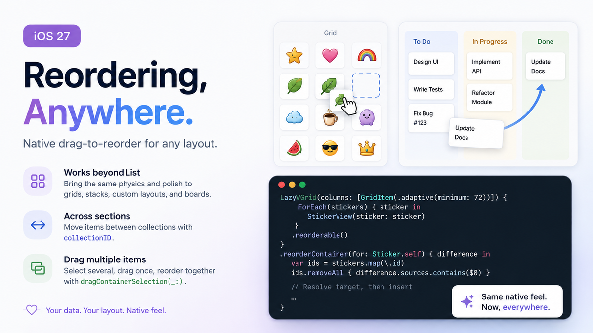 reorderable() and reorderContainer(for:): Native Drag-to-Reorder for Any SwiftUI Layout
